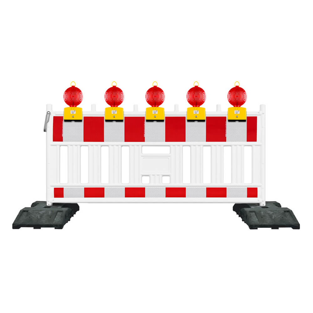 StVO-Sperr-Set, 2 m FUTURE Schrankenzaun, Fußplatten + 5 Blitzleuchten Rot, RA2, Absperrschranke, Absperrzaun