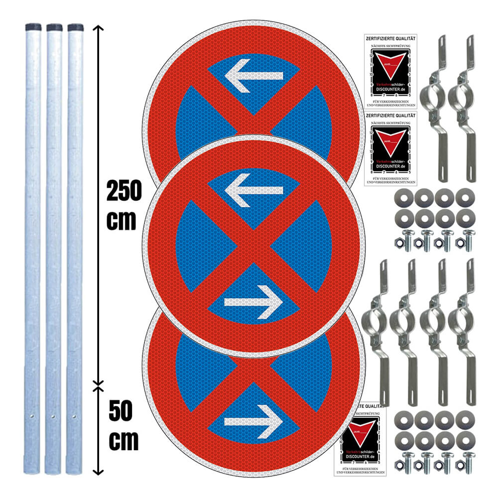 Haltverbotszonen Set, StVO/RSA, A/M/E, rechts, 18-tlg., fest, RA2, Ø 60 cm, Halteverbot Schilder, Verkehrsschild