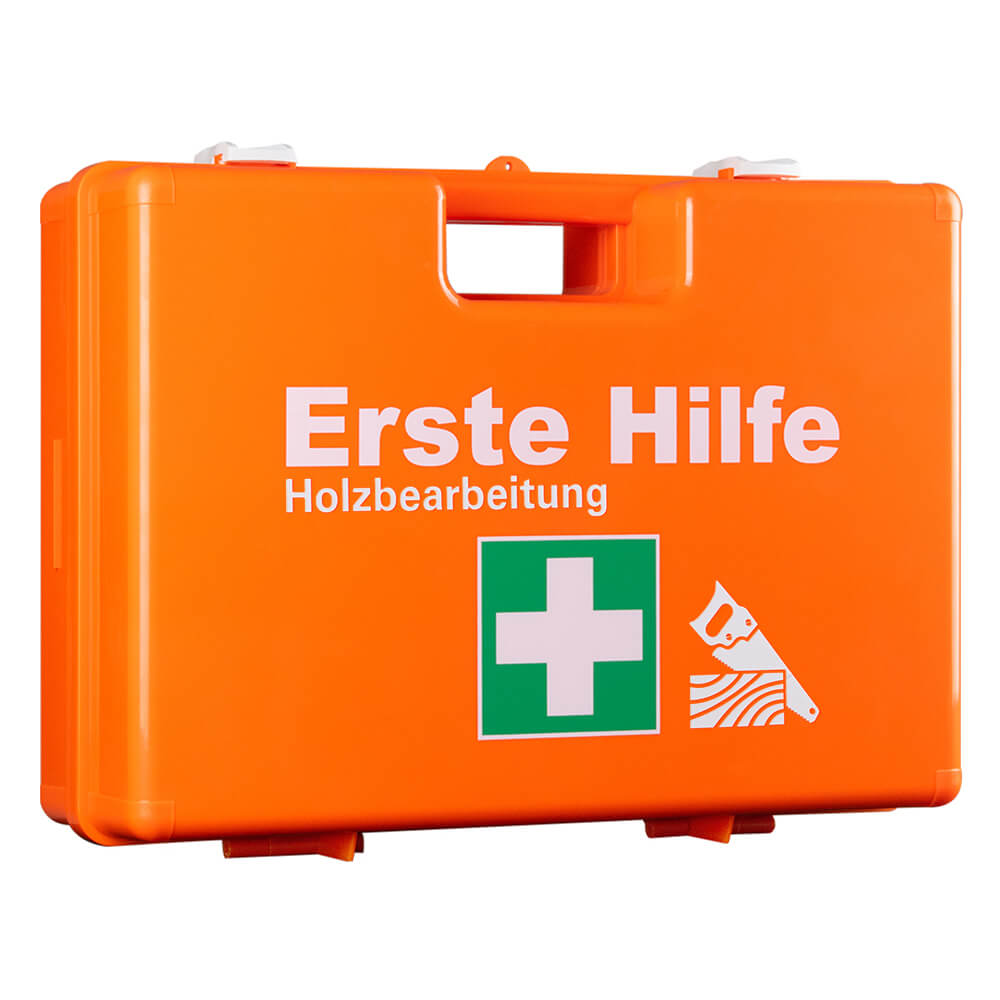Erste-Hilfe-Koffer Holzbearbeitung, orange, mit Wandhalterung, DIN 13157