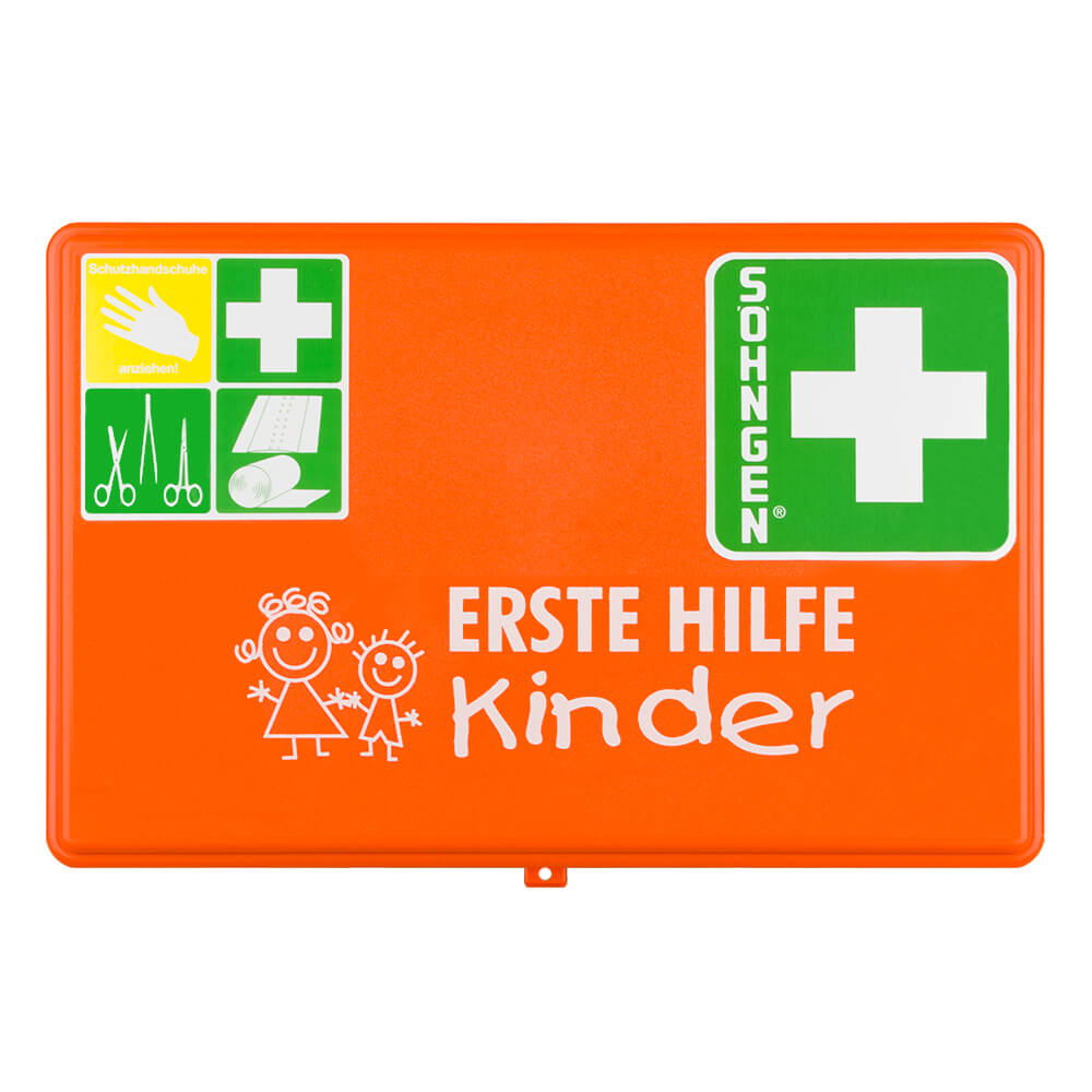 SÖHNGEN Erste-Hilfe-Verbandkasten Kindergarten, orange, ASR A4.3/DIN 13157, Verbandskasten, Notfallkoffer, Erste Hilfe Kasten