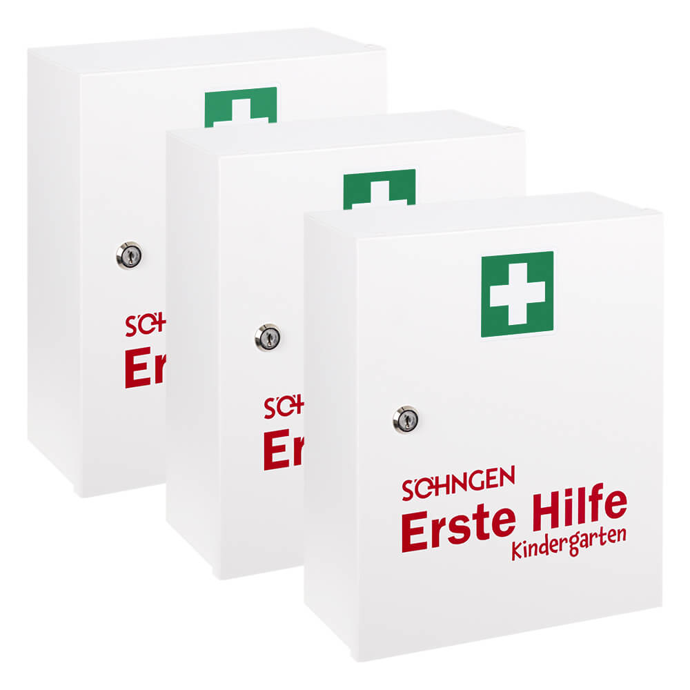 BIGPACK 3 x SÖHNGEN Verbandschrank Kindergarten, abschließbar, Stahl, DIN 13157, Erste Hilfe Schrank, Sanitätswandschrank
