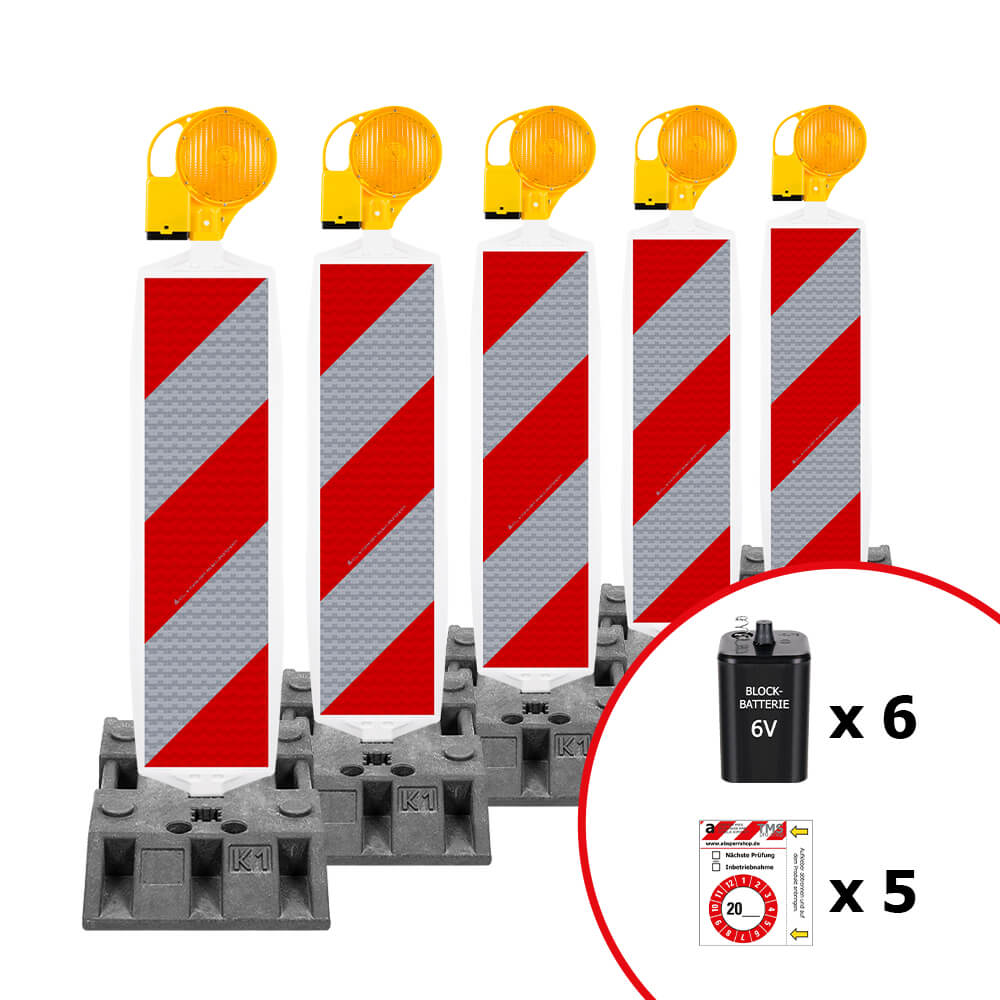 5 x Leitbaken-Set mit K1-Fußplatte und Leuchte, rechts/links, 2-seitig, RA2, Warnbake, Sicherheitsbake, Leitbaken