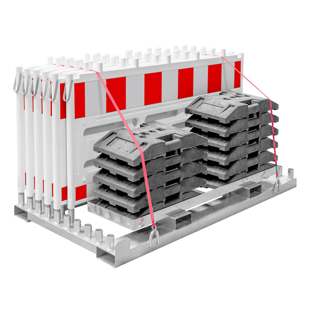 Lager- und Transporttraverse mit 10 x TL-Schrankenzaun RA1 + 11 x Fußplatte
