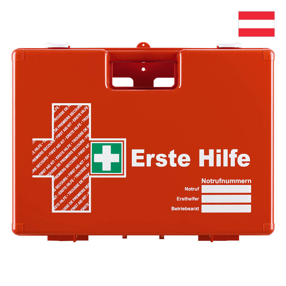 Erste-Hilfe-Koffer, mit Wandhalterung, orange, Kunststoff, ÖNORM Z 1020:2025