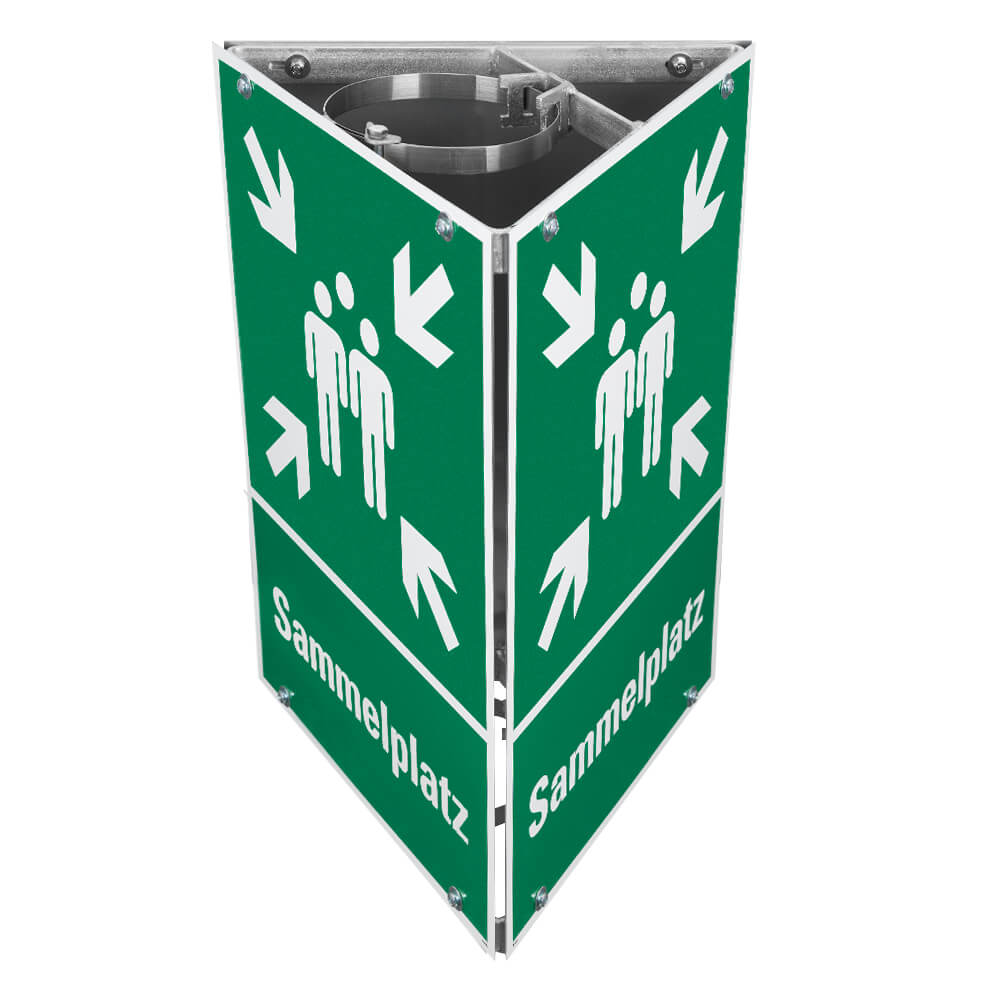 Sammelplatz-Dreieck-Set mit 3 Rettungs-Kombizeichen, Rahmen + Befestigungsmat.