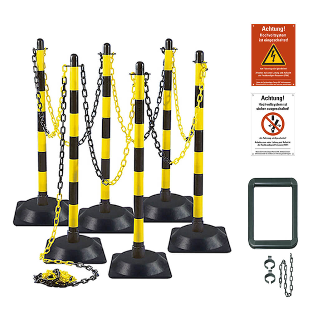 Kettenpfostenset für Arbeiten an Hochvolt-Systemen, mit Halter und Warnschildern