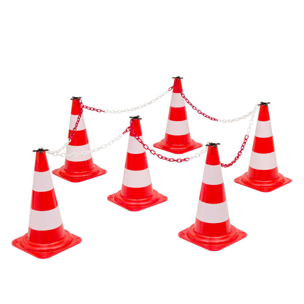 Leitkegel-Set Tag, 6 Pylonen, 10 m Kette, r/w, 50 cm