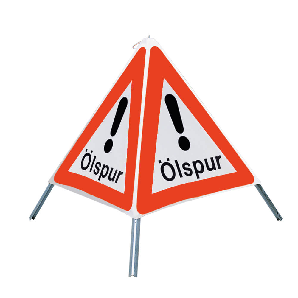 NISSEN Faltsignal mit Warnsymbol Ölspur, weiß tagesleuchtend, SL 70 cm, Faltdreieck, Warnpyramide, Triopane