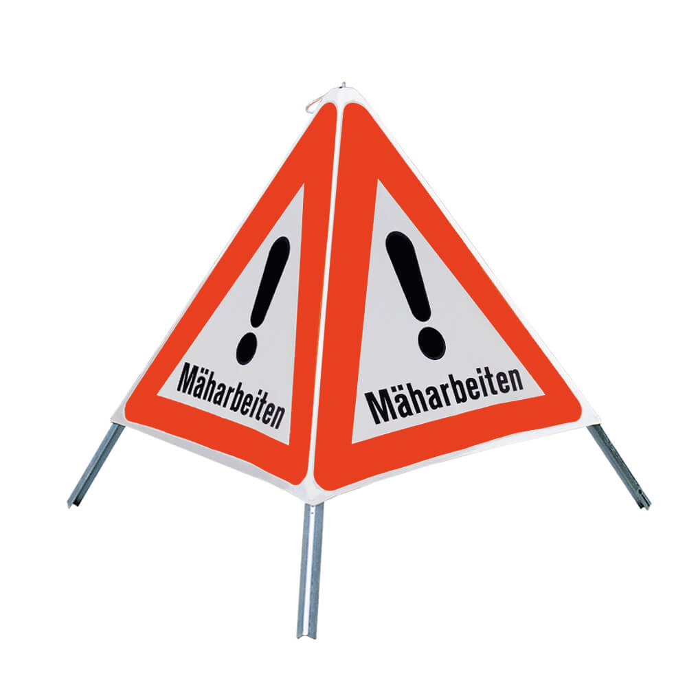 NISSEN Faltsignal mit Warnsymbol Mäharbeiten, weiß tagesleuchtend, SL 70 cm, Faltdreieck, Warnpyramide, Triopane