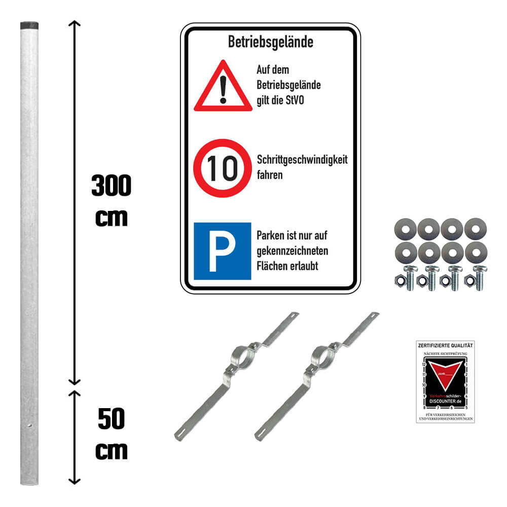 Kombischild Komplett-Set, StVO gilt, 10 km/h, Parken, Pfosten, Alu, 60 x 90 cm