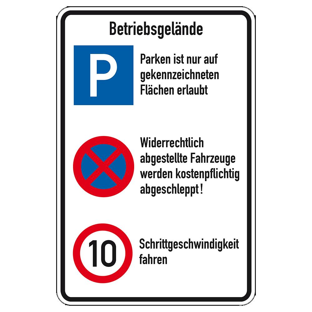 Kombischild Betriebsgelände, Parken, Halteverbot, 10 km/h, RA, 60 x 90 cm