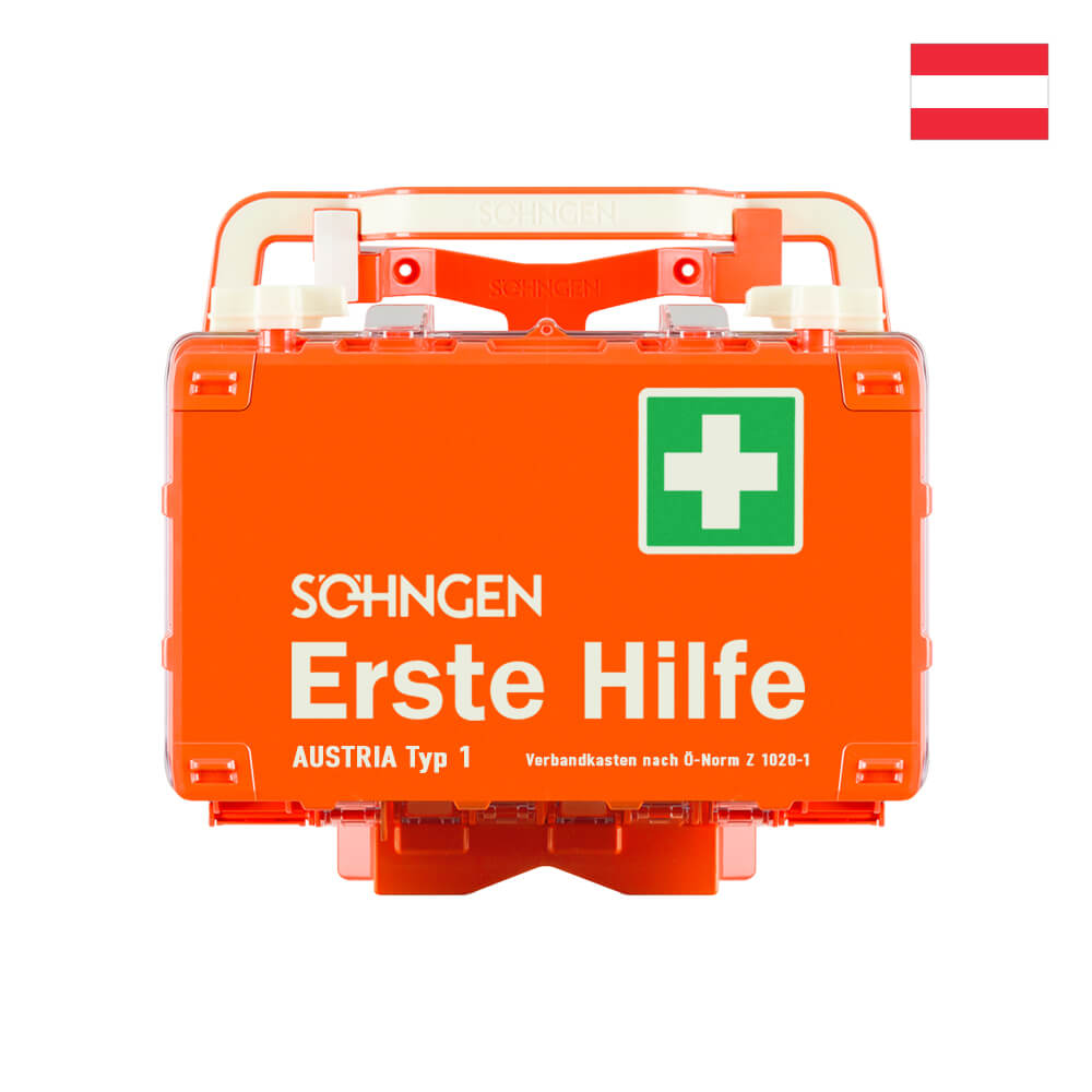 SÖHNGEN Erste-Hilfe-Koffer DYNAMIC-GLOW S, orange, Wandhalterung, Ö-Norm Typ 1, Verbandskasten, Notfallkoffer, Erste Hilfe Kasten