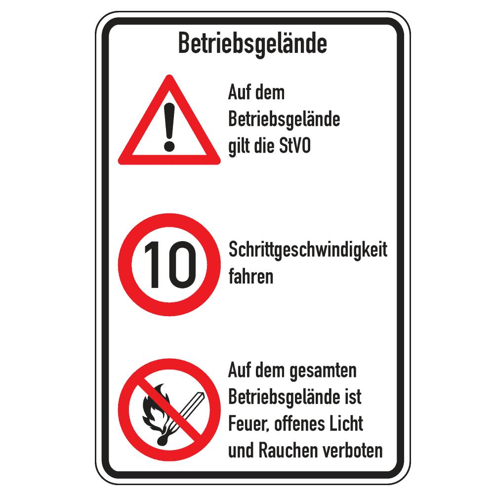 Kombischild Betriebsgelände, StVO gilt, 10 km/h, Feuer verboten, 60 x 90 cm, Geschwindigkeitsschild, Schrittgeschwindigkeit Schilder-Set