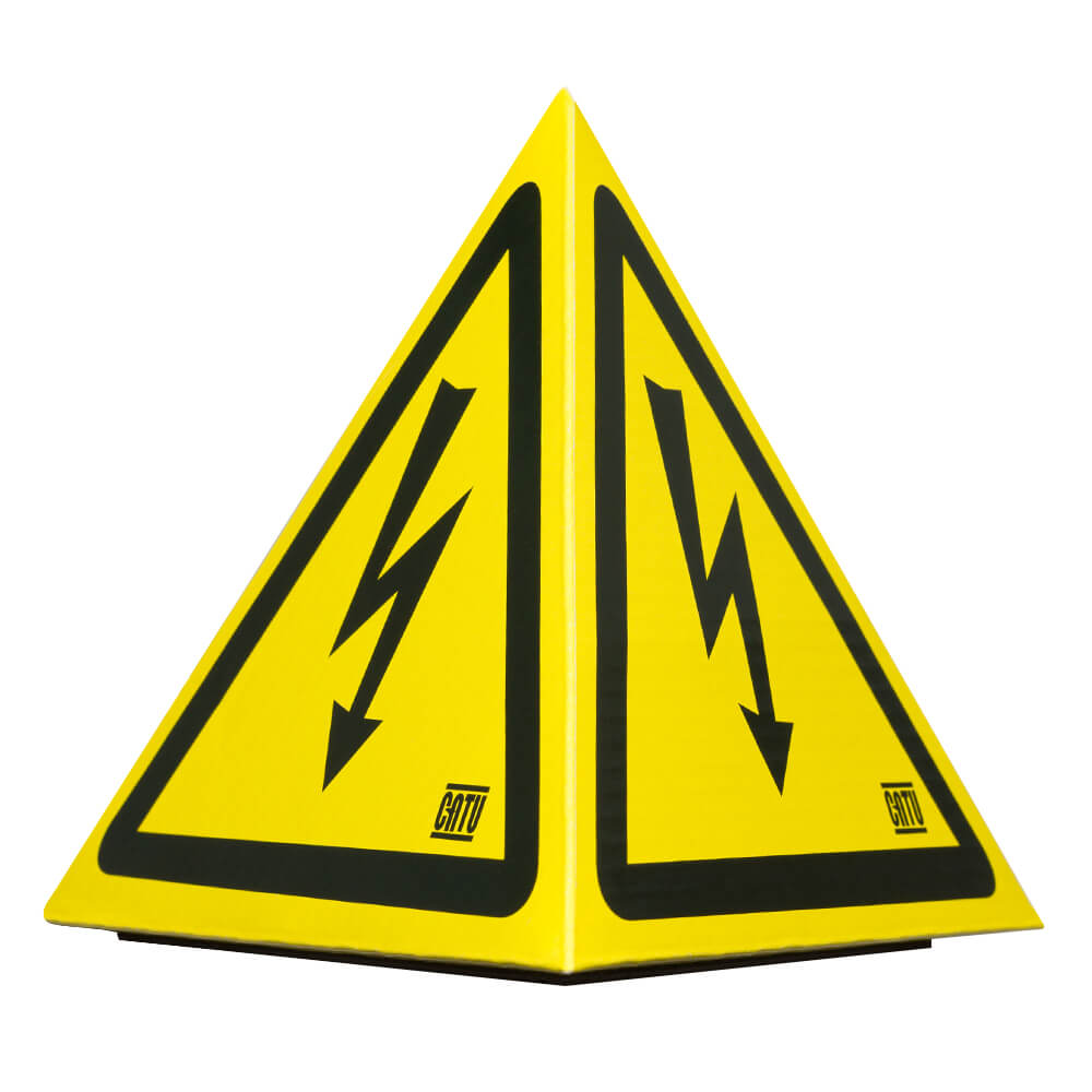 Warnpyramide mit Magnetfuß, gelb/schwarz, Warnung vor elektr. Spannung, SL 17 cm