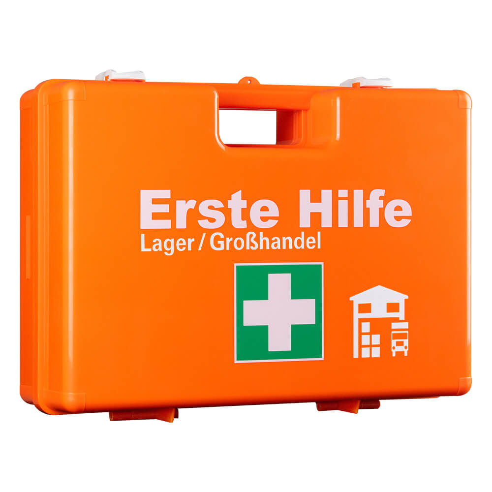 Erste-Hilfe-Koffer Lager/Großhandel, orange, mit Wandhalterung, DIN 13157