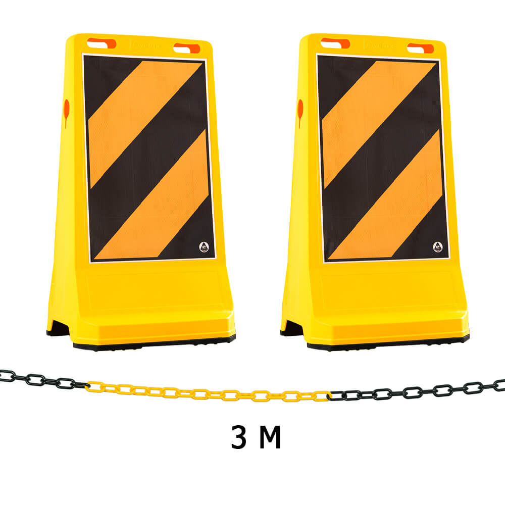 Absperr-Kombi-Set, 2 x Warnaufsteller 'Gigant' gelb/schwarz, 3 m Kunststoffkette, Warnaufsteller, Schild