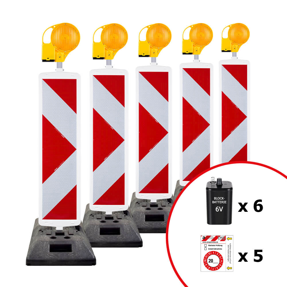 BIGPACK 5 x Pfeilbaken-Set K1-Fuß & Leuchte, StVO/RSA, re/linksw., 1-seitig, RA2, Warnbake, Sicherheitsbake, Leitbaken