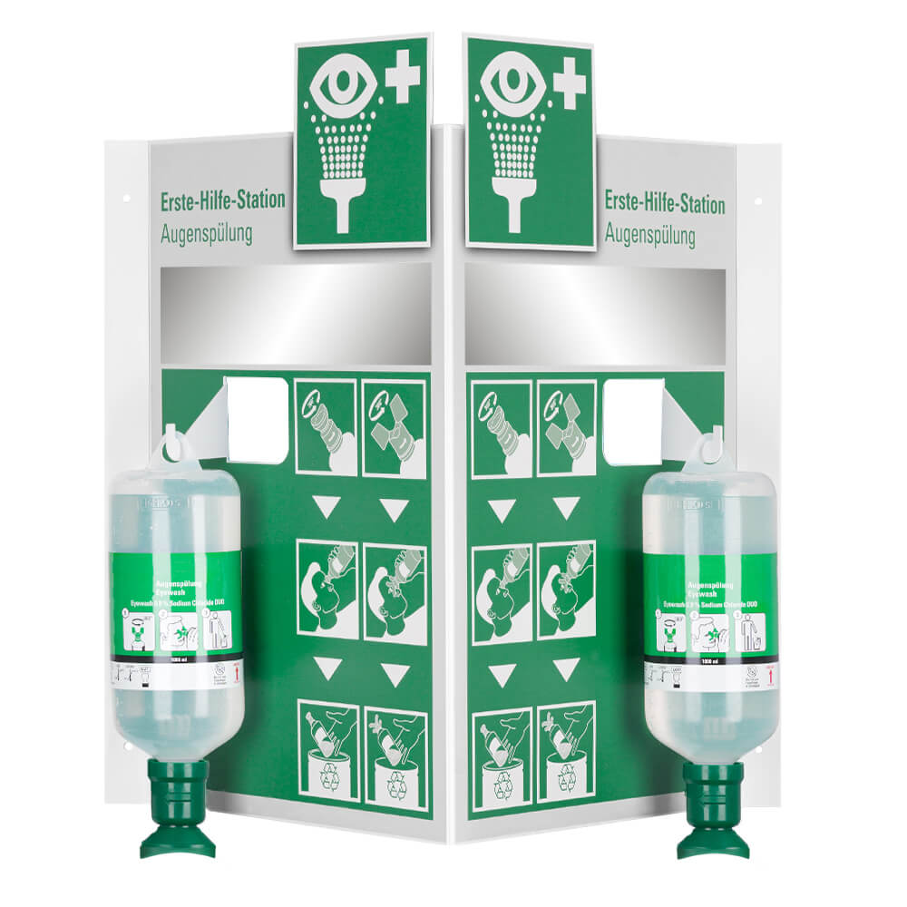 Wand-Augenspülstation XL mit Spiegel und 2 x 1000 ml NaCl Mono, 68 x 52 cm, Augennotdusche, Augenspülflasche, Augenspülung