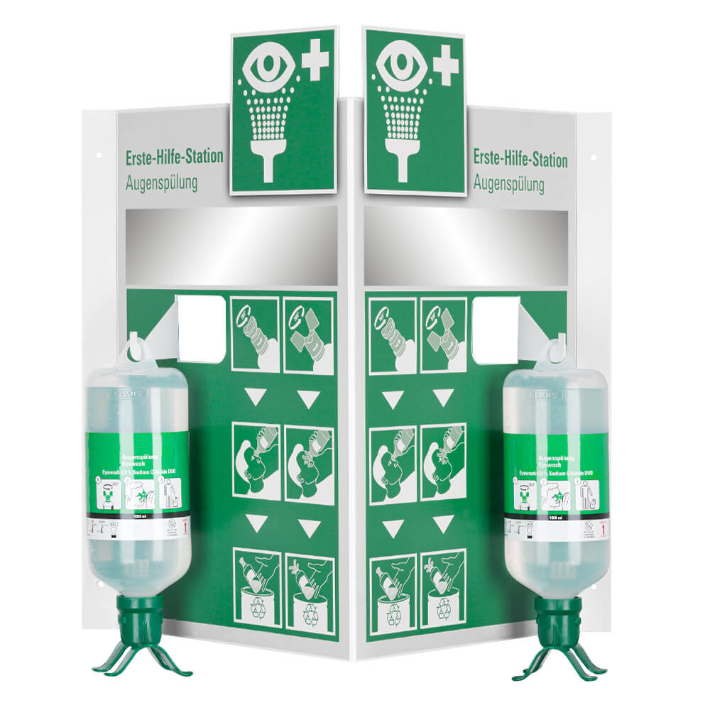 Wand-Augenspülstation XL mit Spiegel und 2 x 1000 ml NaCl Duo, 68 x 52 cm, Augennotdusche, Augenspülflasche, Augenspülung