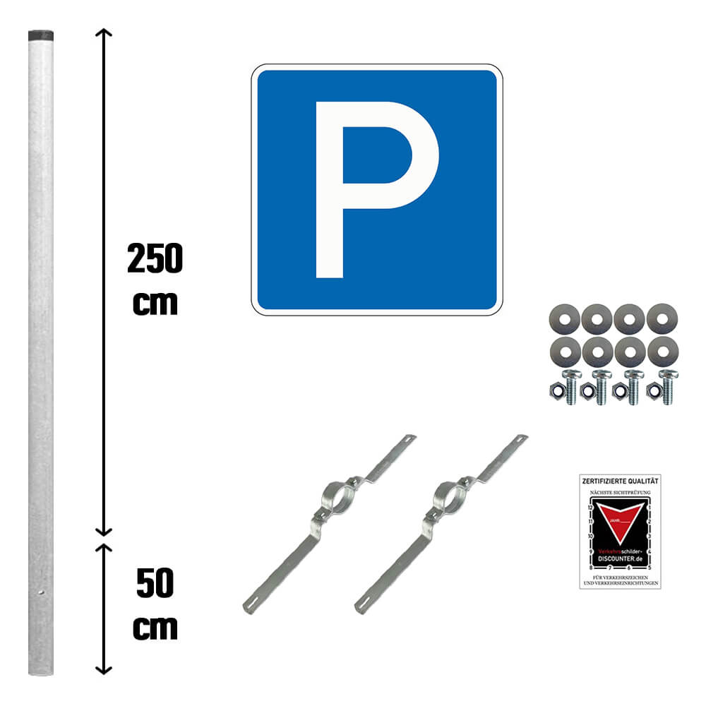 Parkplatzschild Komplett-Set VZ 314, retroreflektierend RA1, 60 x 60 cm